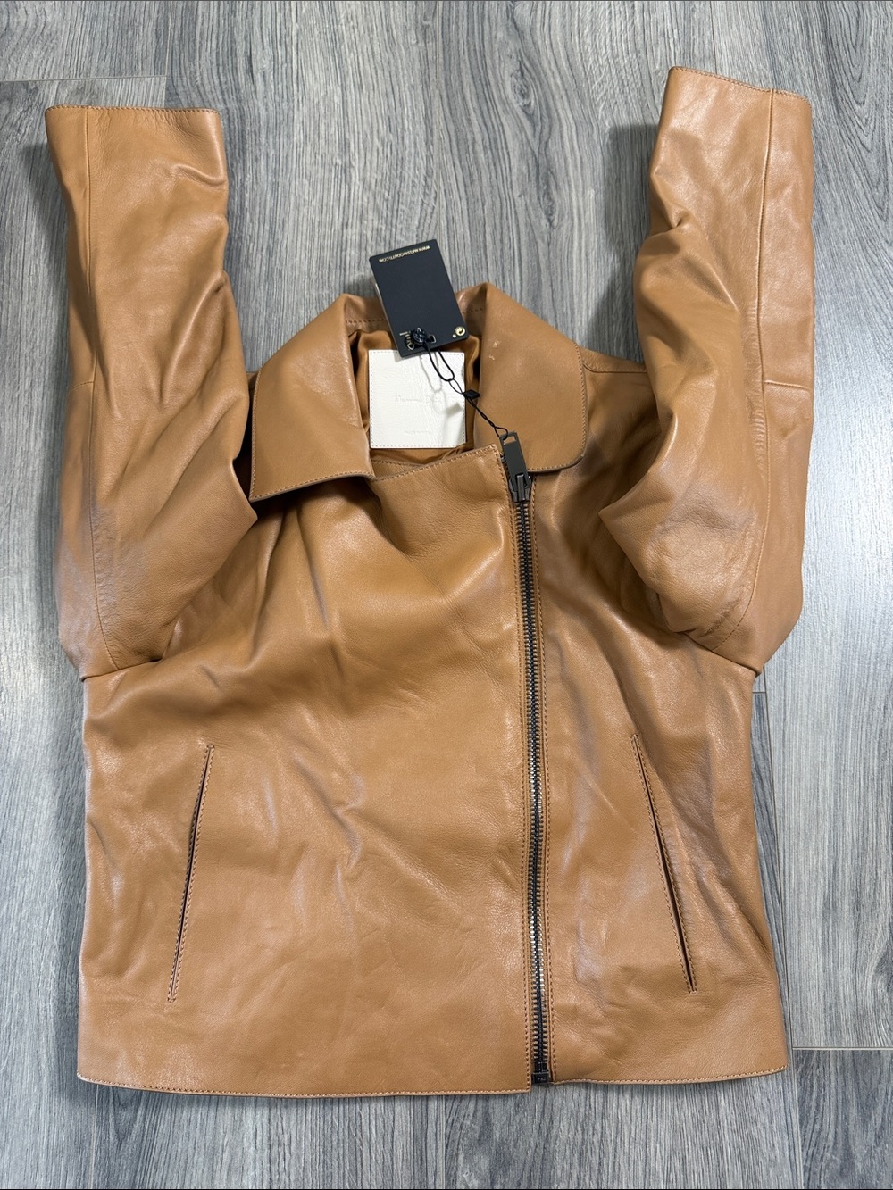 Classic Asymmetric Zip Leather Jacket - Tan - Picture 4 of 14